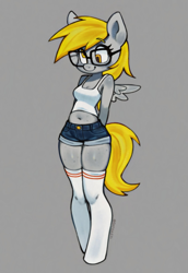 Size: 1409x2048 | Tagged: safe, artist:gatoasti, derpy hooves, pegasus, anthro, unguligrade anthro, g4, adorasexy, arm behind back, belly, belly button, blushing, breasts, cleavage, clothes, cute, denim, denim shorts, derpabetes, eyebrows, female, glasses, gray background, hands behind back, mare, midriff, rectangular pupil, sexy, shirt, shorts, signature, simple background, smiling, socks, solo, spread wings, tank top, thigh highs, wide hips, wings