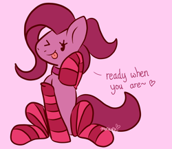 Size: 3220x2800 | Tagged: safe, artist:municorn, oc, oc only, oc:cherri, earth pony, clothes, female, looking at you, mare, one eye closed, pink background, simple background, socks, solo, stockings, striped socks, thigh highs, tongue out, wink