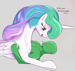 Size: 1085x1035 | Tagged: safe, artist:enonnnymous, princess celestia, oc, oc:anon, alicorn, human, g4, blushing, concave belly, dialogue, duo, duo male and female, female, gray background, lying down, male, mare, shipping, simple background, slender, sternocleidomastoid, thin