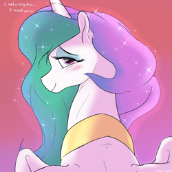 Size: 1000x1000 | Tagged: safe, artist:enonnnymous, princess celestia, alicorn, pony, g4, blushing, female, gradient background, looking at you, looking back, looking back at you, mare, peytral, sketch, solo, sternocleidomastoid, sunset, talking to viewer