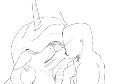 Size: 3200x2200 | Tagged: safe, artist:enonnnymous, princess celestia, oc, oc:anon, alicorn, human, g4, blushing, duo, duo male and female, exclamation point, female, hooves, horn, kissing, male, mare, monochrome, shipping, simple background, sketch, surprised, white background