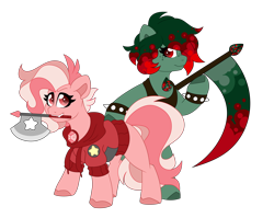 Size: 5856x4669 | Tagged: safe, artist:crazysketch101, oc, oc only, oc:bloodstone, oc:rhodochrosite, earth pony, gem (race), gem pony, original species, pony, axe, bloodstone, duo, gem, rhodochrosite, scythe, simple background, steven universe, transparent background, weapon