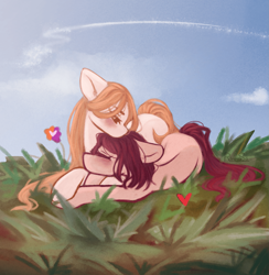 Size: 1895x1944 | Tagged: safe, artist:rinnaso, oc, oc only, earth pony, pony, cuddling, duo, duo female, eyes closed, female, grass, grass field, lesbian, lying down, mare, prone