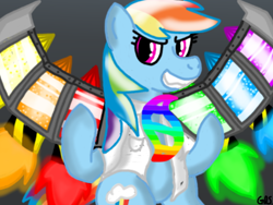 Size: 640x480 | Tagged: safe, artist:mudkip91/tetrahedron, rainbow dash, pegasus, pony, semi-anthro, fanfic:rainbow factory, g4, artificial wings, augmented, clothes, evil smile, fanfic art, fire, jet plane, lab coat, lighting, liquid rainbow, mechanical wing, mega evolution, nozzle, pokémon, pose, rainbow factory dash, shading, smiling, solo, spectra, spread wings, symbol, transformation, video game reference, wings