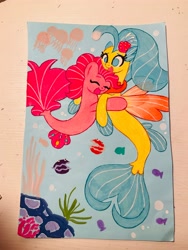 Size: 3024x4032 | Tagged: safe, artist:sfunicorn, pinkie pie, princess skystar, shelldon, shelly, earth pony, fish, jellyfish, seapony (g4), g4, my little pony: the movie, bioluminescent, blue eyes, blue mane, blue tail, blushing, bubble, coral, cute, dorsal fin, duo, duo female, eyes closed, female, fin, fin wings, fins, fish tail, flower, flower in hair, flowing mane, flowing tail, hug, lesbian, looking at each other, looking at someone, mare, ocean, pink mane, pink tail, scales, seaponified, seapony pinkie pie, seashell, seaweed, ship:skypie, shipping, smiling, smiling at each other, species swap, swimming, tail, traditional art, underwater, water, wings