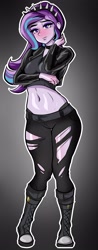 Size: 1373x3500 | Tagged: safe, artist:nolyanimeid, starlight glimmer, human, equestria girls, g4, 2d, adorasexy, belly, belly button, belt, boots, breasts, cleavage, clothes, collar, concave belly, cute, eyeshadow, female, glimmerbetes, goth, gothic, gothic starlight, gradient background, hairband, headband, jacket, jeans, leather, leather jacket, long sleeves, looking at you, makeup, midriff, pants, ripped jeans, ripped pants, sexy, shoes, solo, spikes, stupid sexy starlight glimmer, torn clothes