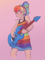 Size: 1542x2048 | Tagged: safe, artist:starryducks, rainbow dash, human, g4, alternate hairstyle, bracelet, clothes, dress, electric guitar, female, gradient background, grin, guitar, humanized, jewelry, lip piercing, musical instrument, necklace, no pupils, piercing, ponytail, smiling, solo, tan skin