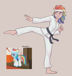 Size: 1586x1668 | Tagged: safe, artist:starryducks, rainbow dash, human, pegasus, pony, call of the cutie, g4, alternate hairstyle, barefoot, beige background, belt, black belt, clothes, feet, female, gi, gritted teeth, headband, humanized, karate, kicking, mare, martial arts, no pupils, screencap reference, simple background, solo, standing, standing on one leg, teeth