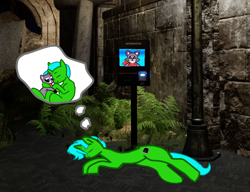 Size: 1134x871 | Tagged: safe, artist:joeydr, oc, oc:green byte, pony, atg 2024, dream, indigo park (video game), newbie artist training grounds, rambley raccoon, sleeping, video game