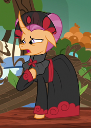 Size: 514x720 | Tagged: safe, edit, edited screencap, screencap, sable spirit, pony, unicorn, campfire tales, g4, clothes, cropped, empress sable spirit, female, floppy ears, hoof on chest, horn, mare, open mouth, solo, young sable spirit