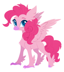 Size: 2520x2835 | Tagged: safe, artist:belka-sempai, part of a set, pinkie pie, classical hippogriff, hippogriff, g4, classical hippogriffied, commission, female, hippo pie, hippogriffied, simple background, smiling, solo, species swap, spread wings, transparent background, wings, ych result