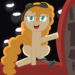 Size: 1000x1000 | Tagged: safe, alternate version, artist:sleeplesseevee, derpibooru exclusive, pear butter, earth pony, pony, g4, amputee, aviator goggles, ducktales, ducktales 2017, fixed, goggles, light, long hair, long mane, long tail, prosthetic leg, prosthetic limb, prosthetics, shading, sitting, solo, tail