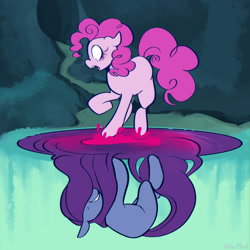 Size: 3000x3000 | Tagged: safe, artist:urbanqhoul, pinkie pie, earth pony, pony, g4, duality, female, floppy ears, high res, looking down, mare, missing cutie mark, pinkamena diane pie, pond, reflection, shocked, solo, water