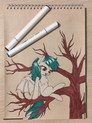 Size: 958x1280 | Tagged: safe, artist:nutellaenjoyer, oc, oc only, bat pony, sitting in a tree, solo, traditional art, tree