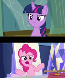 Size: 506x609 | Tagged: safe, artist:batman714, edit, edited screencap, screencap, pinkie pie, twilight sparkle, alicorn, earth pony, pony, g4, sparkle's seven, discovery family, discovery family logo, duo, duo female, female, glare, logo, mare, shrug, twilight sparkle (alicorn), twilight's castle