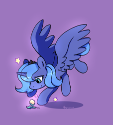 Size: 2459x2711 | Tagged: safe, artist:brella, princess luna, alicorn, pony, g4, female, filly, filly luna, flower, horn, simple background, solo, spread wings, wings, woona, younger