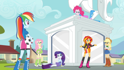 Size: 1920x1080 | Tagged: safe, screencap, applejack, fluttershy, pinkie pie, rainbow dash, rarity, sunset shimmer, human, equestria girls, g4, my little pony equestria girls: rainbow rocks, applejack's hat, boots, clothes, cowboy boots, cowboy hat, football, hat, polka dot socks, rainbow socks, raised leg, shoes, socks, sports, striped socks, wondercolt statue