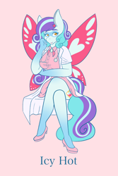 Size: 4000x6000 | Tagged: safe, artist:mscolorsplash, oc, oc:icy hot, changeling, anthro, bowtie, butterfly wings, clothes, commissioner:dhs, doctor, female, hairpin, heart, high heels, lab coat, long tail, looking at you, name, shoes, simple background, skirt, solo, stethoscope, tail, text, wings