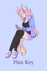 Size: 4000x6000 | Tagged: safe, artist:mscolorsplash, oc, oc:flux key, unicorn, anthro, breasts, cleavage, clothes, commissioner:dhs, converse, eyeshadow, female, headphones, hoodie, horn, kneesocks, lipstick, looking at you, makeup, name, phone, shoes, shorts, simple background, socks, solo, text, zipper
