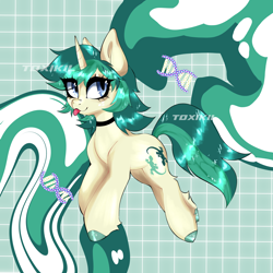 Size: 3000x3000 | Tagged: safe, artist:toxikil, oc, oc only, oc:spring starflower, pony, unicorn, :3, :p, abstract background, chibi, choker, cute, digital art, eye clipping through hair, eyelashes, female, freckles, horn, mare, science, shiny hooves, shiny mane, solo, tongue out, trans female, transgender, two toned mane, wingding eyes