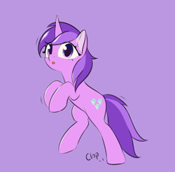 Size: 846x834 | Tagged: safe, artist:nutellaenjoyer, amethyst star, sparkler, pony, unicorn, g4, bipedal, female, horn, looking at you, mare, purple background, simple background, solo