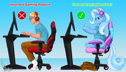 Size: 4096x2326 | Tagged: safe, artist:alexx_ferret, artist:spirit_dancer, trixie, oc, oc:jd, human, pony, unicorn, g4, before and after, chair, clothes, commission, computer, correct gaming posture, duo, female, gaming, gaming chair, gaming headset, glasses, gradient background, headphones, headset, high res, hooves, horn, human to pony, keyboard, male to female, mare, meme, office chair, pants, rule 63, shirt, sitting, tail, transformation, transformation sequence, transgender, transgender transformation
