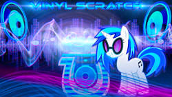 Size: 3840x2160 | Tagged: safe, artist:ikillyou121, artist:wild-woelfchen, edit, dj pon-3, vinyl scratch, pony, unicorn, g4, abstract background, female, horn, mare, name, smiling, solo, soundwave, speaker, standing, sunglasses, wallpaper, wallpaper edit