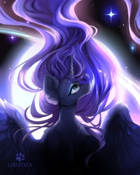 Size: 2000x2500 | Tagged: safe, artist:livitoza, princess luna, alicorn, pony, g4, bust, female, flowing mane, full moon, high res, looking up, mare, moon, night, raised hoof, solo, spread wings, wings