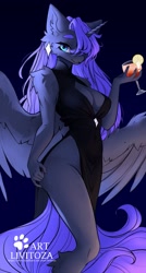 Size: 1097x2048 | Tagged: safe, artist:livitoza, princess luna, alicorn, anthro, g4, absolute cleavage, alcohol, breasts, cheongsam, cleavage, clothes, cocktail, dress, drink, ear piercing, earring, female, gradient background, hair over one eye, horn, jewelry, looking at you, margarita, partially open wings, piercing, shoulder fluff, side slit, solo, total sideslit, wings