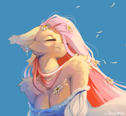 Size: 2000x1842 | Tagged: safe, artist:livitoza, fluttershy, anthro, g4, :3, breasts, bust, busty fluttershy, choker, chokershy, cleavage, clothes, daisy (flower), dress, ear piercing, earring, eyes closed, female, floppy ears, flower, flower in hair, jewelry, piercing, shoulder fluff, shoulderless, simple background, smiling, solo, sundress