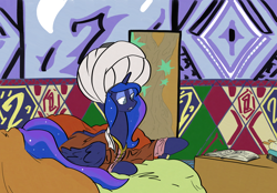 Size: 2062x1438 | Tagged: safe, artist:ponny, princess luna, alicorn, pony, g4, book, clothes, colored, pillow, robes, scroll, solo, turban