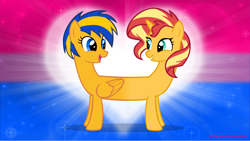 Size: 5360x3015 | Tagged: safe, artist:andoanimalia, sunset shimmer, oc, oc:flare spark, pegasus, pony, unicorn, g4, bisexual, conjoined, couple, duo, duo female, female, folded wings, grin, happy, heart, horn, looking at each other, looking at someone, open mouth, open smile, pushmi-pullyu, ship:flareset, smiling, smiling at each other, smiling at someone, wings