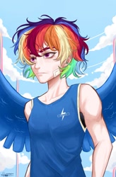 Size: 1087x1660 | Tagged: safe, artist:swabakar, rainbow dash, human, g4, alternate hairstyle, bandaid, clothes, cloud, collarbone, elf ears, female, fit, humanized, multicolored hair, rainbow hair, slender, solo, sports bra, sternocleidomastoid, tank top, thin, winged humanization, wings, wonderbolts