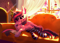 Size: 2210x1602 | Tagged: safe, artist:kainy, twilight sparkle, alicorn, pony, g4, book, canterlot, canterlot castle, chest fluff, clothes, colored, concave belly, couch, ear fluff, fluffy, indoors, lighting, lying down, on side, reading, shading, slender, socks, solo, striped socks, thin, twilight sparkle (alicorn), window