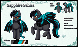 Size: 4152x2529 | Tagged: safe, artist:pridark, oc, oc only, oc:sapphire sahira, hybrid, pegabat, pony, bat wings, fangs, female, mare, reference sheet, solo, wings