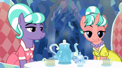 Size: 800x450 | Tagged: safe, edit, edited screencap, screencap, stepford ponies, earth pony, pony, unicorn, g4, what lies beneath, animated, chair, clothes, cup, dress, duo, duo female, fancy dress, female, gif, horn, jewelry, lidded eyes, looking at each other, looking at someone, mare, necklace, nodding, open mouth, open smile, pearl necklace, sitting, smiling, smiling at each other, table, talking, tea party, teacup, teapot