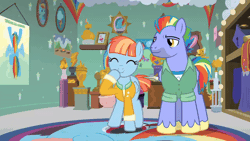 Size: 800x450 | Tagged: safe, edit, edited screencap, screencap, bow hothoof, rainbow dash, scootaloo, windy whistles, pony, g4, parental glideance, ^^, animated, bowabetes, clothes, cute, daaaaaaaaaaaw, eyes closed, female, filly, foal, freckles, gif, grin, happy, hug, jacket, male, mare, ship:windyhoof, shipping, smiling, stallion, straight, sweet dreams fuel, talking, trio, trophy, trophy room, windybetes, winghug, wings