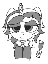 Size: 508x669 | Tagged: safe, artist:castafae, oc, oc only, oc:fine wine, pony, unicorn, bowtie, bust, button-up shirt, clothes, female, glass, horn, lidded eyes, looking at you, mare, monochrome, shirt, simple background, solo, white background, wine glass
