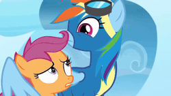 Size: 800x450 | Tagged: safe, edit, edited screencap, screencap, rainbow dash, scootaloo, pony, g4, parental glideance, animated, bag, boop, camera, clothes, cute, cutealoo, dashabetes, duo, duo female, female, filly, foal, gif, goggles, looking at each other, looking at someone, mare, saddle bag, spread wings, uniform, wings, wonderbolts uniform