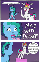 Size: 1280x1970 | Tagged: safe, artist:scyphi, misty brightdawn, zipp storm, pegasus, unicorn, as the misty clears, g5, my little pony: tell your tale, spoiler:g5, spoiler:my little pony: tell your tale, spoiler:tyts01e53, comic, crown, dialogue, duo, duo female, evil laugh, female, gradient background, horn, jewelry, laughing, mad with power, mare, queen zipp storm, regalia, simpsons did it, the simpsons movie