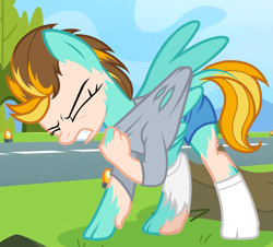 Size: 1289x1165 | Tagged: safe, artist:anonymous, lightning dust, human, pegasus, pony, g4, /ptfg/, clothes, eyes closed, female, gritted teeth, human to pony, light skin, mid-transformation, ripped, ripped shirt, ripping clothes, shirt, show accurate, socks, solo, tail growth, teeth, torn clothes, torn socks, transformation, underwear
