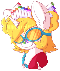 Size: 1584x1896 | Tagged: safe, artist:pasteldraws, oc, oc only, pony, commission, goggles, horn, marker crown, markers, paint, paint splatter, rainbow, simple background, smiling, smirk, solo, traditional art, transparent background