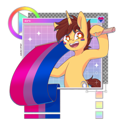 Size: 2328x2403 | Tagged: safe, artist:wavecipher, oc, oc only, oc:ethereal divide, unicorn, bipedal, bisexual pride flag, brown eyes, brown mane, brown tail, colored eyebrows, commission, cute, face paint, holding flag, hoof flush, hoof hold, horn, looking back, male, open mouth, open smile, pride, pride flag, signature, smiling, solo, sparkles, stallion, stallion oc, tail, unicorn oc, white pupils, wingding eyes, ych result, yellow coat