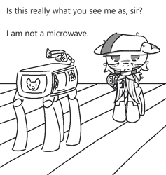 Size: 731x770 | Tagged: safe, artist:castafae, oc, oc only, oc:hearth, pony, robot, robot pony, a weapon to surpass metal gear, blushing, clothes, dialogue, female, floppy ears, gun, handgun, mare, messy hair, microwave, monochrome, simple background, unamused, white background