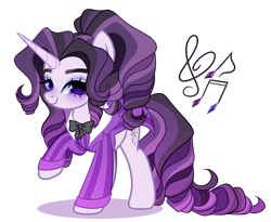 Size: 2034x1671 | Tagged: safe, artist:just-silvushka, oc, oc only, unnamed oc, pony, unicorn, black bowtie, blue eyes, blue eyeshadow, bowtie, clothes, curly mane, curly tail, cutie mark, eyelashes, eyeshadow, female, horn, lidded eyes, long horn, long mane, long tail, looking back, magical lesbian spawn, makeup, mare, mare oc, multicolored mane, multicolored tail, next generation, nose blush, offspring, parent:octavia melody, parent:rarity, parents:raritavia, pinstripes, ponytail, purple blush, purple coat, purple mane, purple tail, reference sheet, ringlets, shiny eyes, simple background, smiling, solo, suit, tail, tied mane, transparent background, unicorn oc, white sclera