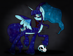 Size: 3290x2536 | Tagged: safe, artist:maniczombiedreamgirl, oc, oc only, oc:daylights end, alicorn, 3d cutie mark, alternate versions at source, artfight, bald face, blaze (coat marking), blue coat, blue eyes, blue mane, choker, coat markings, colored pinnae, countershading, ear fluff, facial markings, female, flowing hair, flowing mane, flowing tail, looking at you, moon, simple background, skull, slit pupils, solo, spread wings, standing, standing on two hooves, stars, stepping on something, tail, unshorn fetlocks, watermark, wings