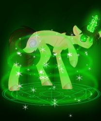 Size: 540x648 | Tagged: artist needed, safe, oc, oc only, oc:ethereal divide, unicorn, cloven hooves, dark background, green eyes, horn, magic, magic aura, magic circle, male, serious, serious face, solo, spell, stallion