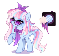 Size: 1972x1860 | Tagged: safe, artist:just-silvushka, oc, oc only, unnamed oc, pegasus, pony, g4, adoptable, bangs, blue coat, blue eyeshadow, bow, clothes, cutie mark, eyelashes, eyeshadow, female, folded wings, glasses, hair bow, headband, lidded eyes, long eyelashes, long mane, long tail, magical lesbian spawn, makeup, mare, mare oc, multicolored hair, multicolored mane, multicolored tail, neckerchief, next generation, offspring, parent:photo finish, parent:rainbow dash, pegasus oc, purple bow, purple eyes, rainbow hair, rainbow tail, raised hoof, reference sheet, scarf, shadow, shiny eyes, solo, standing, sunglasses, tail, white sclera, wing fluff, wings