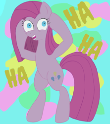 Size: 3200x3600 | Tagged: safe, artist:anonymous, pinkie pie, earth pony, pony, g4, /bale/, 2d, abstract background, bipedal, colored, female, flat colors, head in hooves, laughing, looking at you, losing my mind, mare, newbie artist training grounds, no catchlights, open mouth, open smile, pinkamena diane pie, shrunken pupils, smiling, solo, splotches, teeth