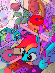 Size: 2048x2732 | Tagged: safe, artist:mandumustbasukanemen, rainbow dash, pegasus, pony, g4, aloe vera, alternate mane color, atg 2024, bedroom, colorful, complex background, cute, dashabetes, desk, desk lamp, detailed background, eyelashes, female, folded wings, gramophone, halftone, indoors, looking at something, lying down, mare, messy room, newbie artist training grounds, notebook, prone, reading, record, record player, retrowave, roller skates, saturated, screentone, skates, smiling, solo, vinyl disc, window, wings